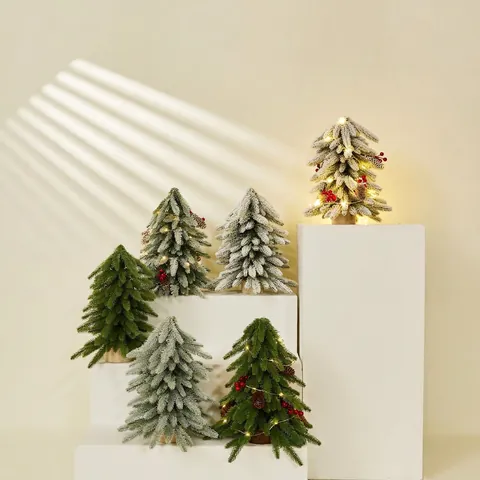 Artificial Mini Christmas Tree Desktop Ornament Nordic Winter Home Decor Wood Base Red Berries Pine Cones LED Light