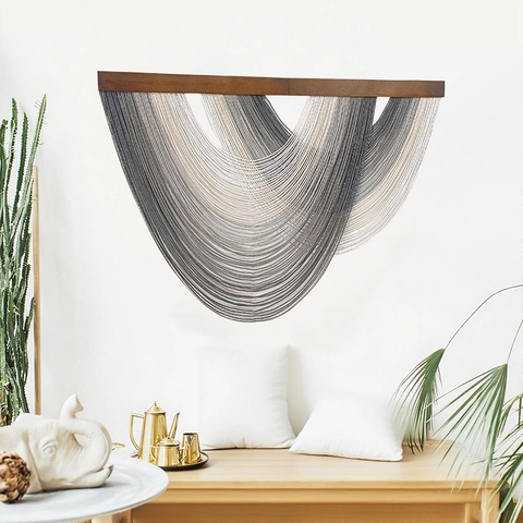 Handgefertigter Makramee Wandbehang Farbverlauf Baumwollseil Tapisserie Mit Holzstab Boho Quasten Fransen Nordischer Stil