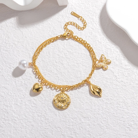 Bohemian Stainless Steel Double Layer Bracelet For Women Gold Plated Butterfly Heart Evil Eye Artificial Pearl Charm Jewelry
