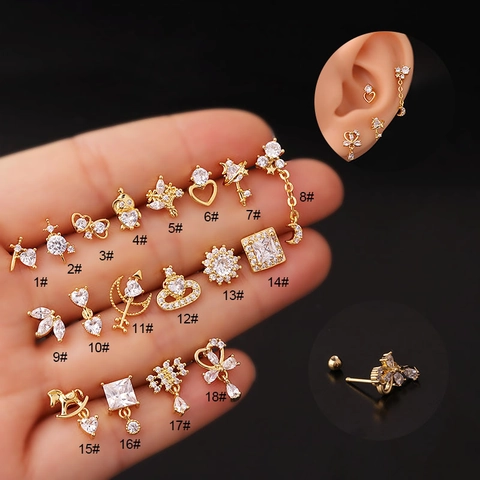 Clou De Piercing Cartilage Tige En Acier Inoxydable Incrusté De Zircon Vis À Boule Bijoux Mode Femmes