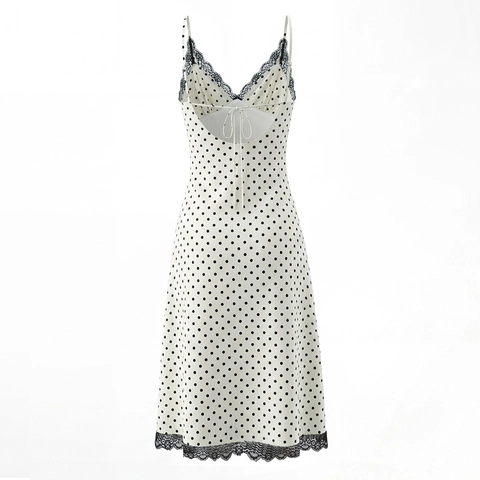 Polka Dot Maxi Kleid Spitze V-Ausschnitt Satin Camisole Ärmellos Hohe Taille Sexy Rückenfrei Langes Unterkleid Für Damen
