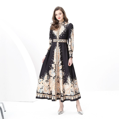 Abito Maxi Vintage Con Stampa Paisley Barocca Per Donna Elegante A Maniche Lunghe Con Cintura E Colletto A Revers