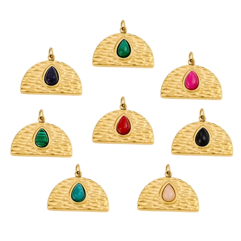 Edelstahl Anhänger Halbkreis Hammerschlag Textur Mit Tropfen Naturstein Inlay Vintage Retro DIY Schmuck