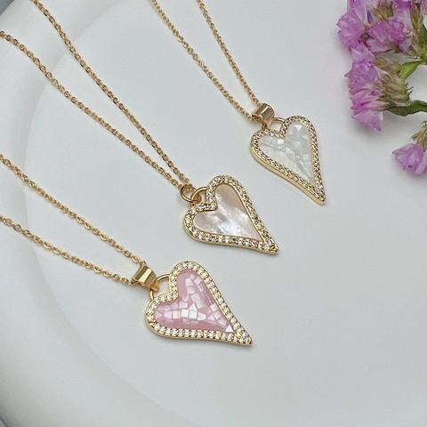 Heart Pendant Necklace Gold Plated Copper With Mosaic Mother Of Artificial Pearl And Zirconia Minimalist Elegant Jewelry For Women