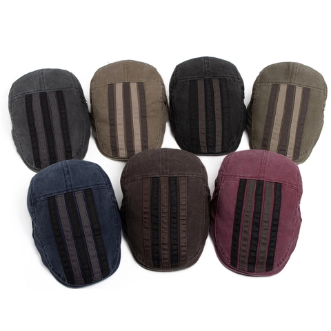 Retro Washed Cotton Flat Cap With Stripe Patchwork Vintage Distressed Adjustable Ivy Hat For Men Women Casual Style