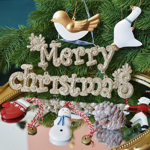 Targa Appesa Merry Christmas Ornamenti Glitter Traforato Resina Plastica Per Albero Di Natale Decorazione