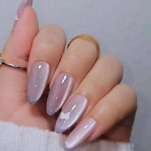 Katzenaugen Drucknägel Mandel Lila Farbverlauf Französisch Silber Glitzer Schmetterlingsmuster Elegante Künstliche Nägel