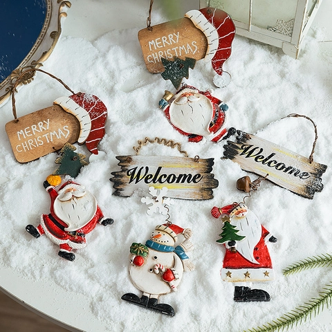 Christmas Hanging Ornaments Resin Wood Iron Santa Snowman Merry Christmas Welcome Vintage Hand Painted Holiday Tree Decor