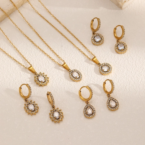 Stainless Steel Necklace And Earrings With Cubic Zirconia Round Oval Sunflower Pendant Elegant Jewelry For Women