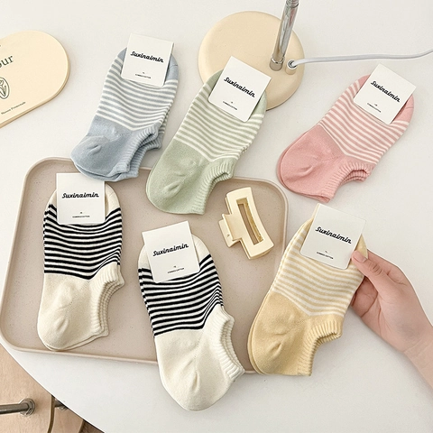 Calzini Invisibili Donna Cotone Pettinato Antiscivolo Traspirante Righe Stile Giapponese Calzini Taglio Basso