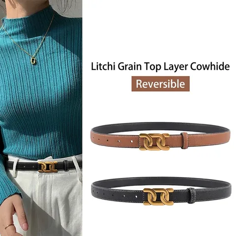 Women Top Layer Cowhide Leather Belt Reversible Litchi Grain Strap With Alloy Interlocking Buckle For Casual Pants