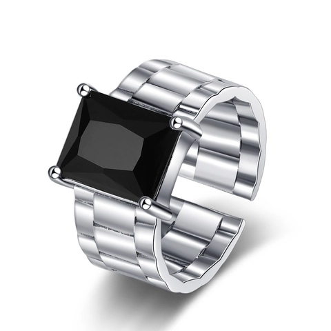 Anillo De Cobre Ajustable Con Piedra Preciosa Negra Diseño Correa De Reloj Vintage Geométrico Para Mujer