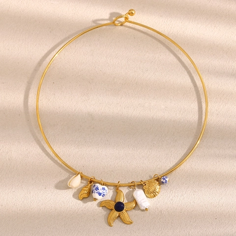 Collar Cuentas Cerámica Estrella De Mar Concha Bañado Oro 18K Acero Inoxidable Tema Marino Gargantilla Para Mujeres