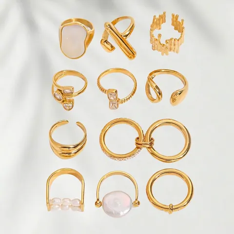 Anello alla Moda in Acciaio Inossidabile Placcato Oro per Donna Impermeabile Ipoallergenico con Strass e Perla Artificiale