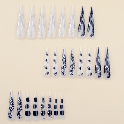 Extra Lange Stiletto Kunstnagels Gothic Punk Spin Kruis Zilveren Vlam Donkere Stijl Manicure Accessoires Voor Dames