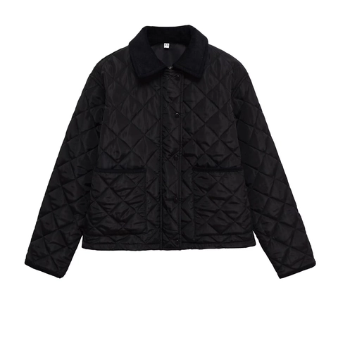 Women Vintage Diamond Quilted Jacket With Corduroy Collar Square Neck Short Padded Cotton Coat Button Casual Outwear