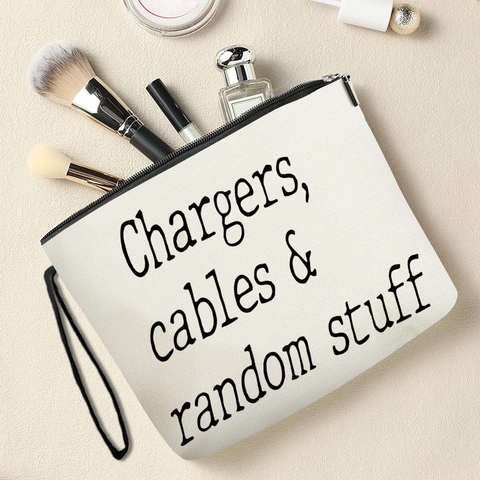 Borsa Da Trucco In Lino Fine Con Cerniera Pochette Da Toilette Da Viaggio Con Cinturino Da Polso Stampa Lettere Organizzatore Multifunzionale Per Donne Uomini