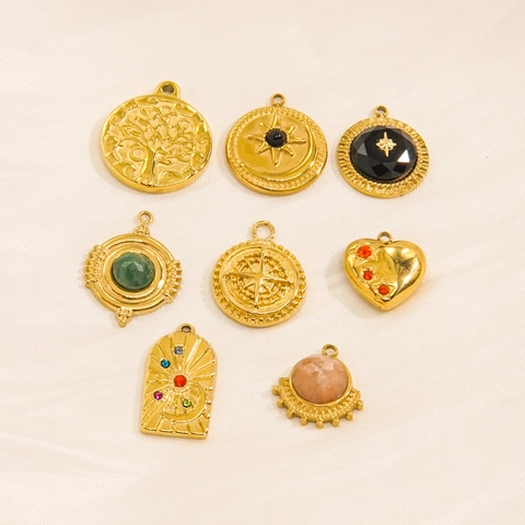 Vintage Pendants Charms Stainless Steel Gold Plated Natural Stone Gemstone Tree Of Life Sun Moon Heart For DIY Jewelry Making