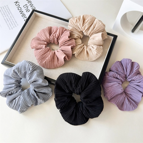 Pleated Fabric Large Scrunchie Hair Tie High Elasticity Vintage Simple Solid Color Ponytail Holder For Women Girls