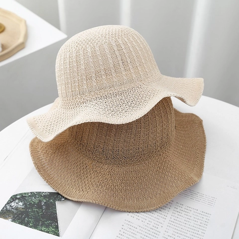 Women Hollow Knitted Bucket Hat Wide Brim Wavy Edge Sunshade Breathable Summer Outdoor Beach Fisherman Hat Foldable