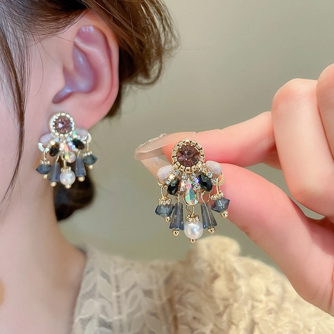 Retro Baroque Water Drop Tassel Earrings With Crystal Rhinestone Faux Artificial Pearl And 925 Sterling Silver Earring Post