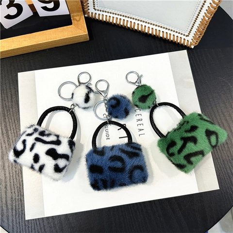 Leopardenmuster Plüsch Mini Handtasche Schlüsselanhänger Kunstfell Tasche Anhänger Mit Bommel Für Damen Handtaschen Rucksäcke Autoschlüssel