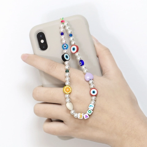 Cordino Telefono Perline Finta Perla Artificial Malocchio Cuore Frutta LOVE Lettere Ciondolo Colorato Acrilico Cinturino Donne