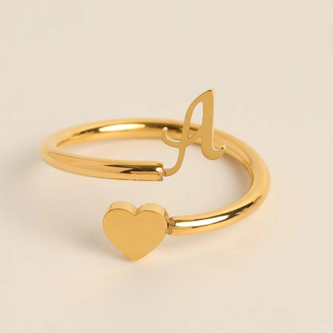 Minimalist Initial Letter Heart Open Ring Copper Gold Plated Adjustable Jewelry Fashion Accessories For Women