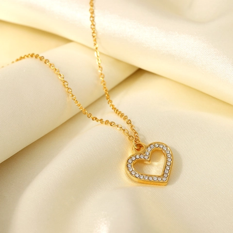 Elegante Edelstahl Herz Anhänger Halskette Für Damen Gold Vergoldet Strass Verziert Verstellbare Kette Schmuck