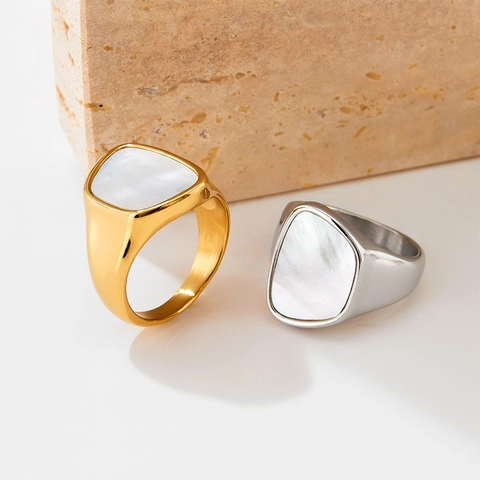 Geometric Stainless Steel Ring With White Mother Of Artificial Pearl Inlay Minimalist Square Shell Finger Jewelry For Women