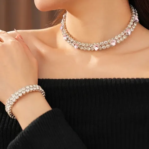 Pink Heart Rhinestone Jewelry Necklace Bracelet And Round Stud Earrings For Women Elegant Fashion Iron