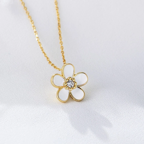 925 Sterling Silver Enamel Flower Pendant Necklace For Women Inlaid Rhinestone Minimalist Clavicle Chain Gold Silver Plated Jewelry