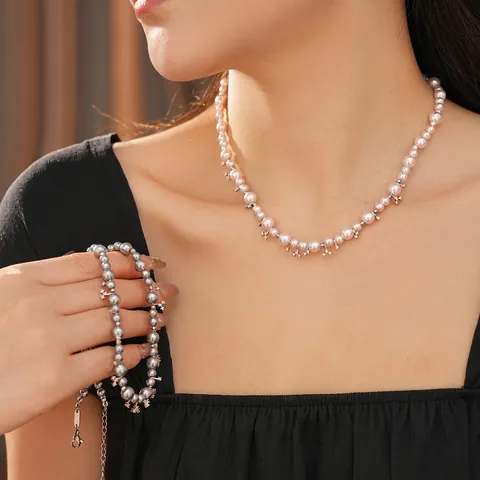 Collana Di Clavicola Lusso Retro Francese Con Imitazione Perla Artificial Rame Zircone Pendente Rotondo Stella Fascino Gioielli Per Donne