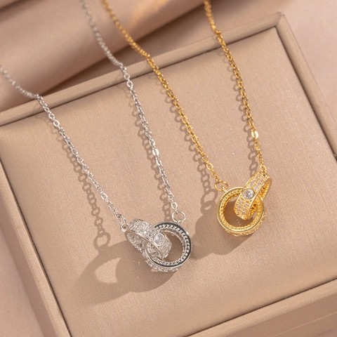 Double Interlocking Ring Pendant Necklace Stainless Steel Chain Copper Pave Zircon Elegant Minimalist Clavicle Accessory