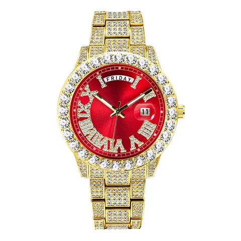 Orologio Al Quarzo Da Uomo Iced Out Diamante Completo Metallo Dorato Chiusura In Acciaio Inossidabile Giorno Data Impermeabile Lusso