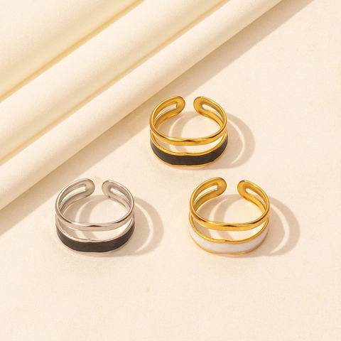 Vintage Stainless Steel Double Layer Open Ring For Women Minimalist Black White Enamel Adjustable Finger Ring Jewelry