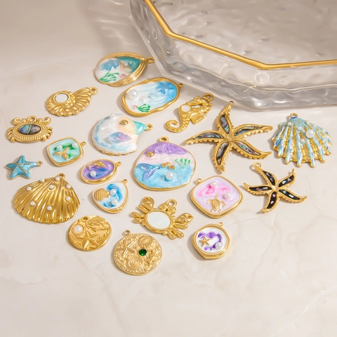 Ocean Theme DIY Charms Gold Plated Stainless Steel Shell Artificial Pearl Enamel Pendants For Necklace Bracelet Earring Making