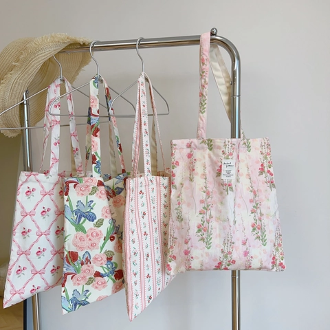 Bolso De Hombro De Lona Floral Bolso De Algodón Fresco Dulce Estampado Pastoral Gran Capacidad Mujeres Estudiantes Escuela
