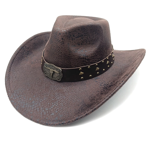 Cappello Da Cowboy Occidentale Retro Texture Scamosciata Tesa Larga Fedora Con Fibbia Testa Di Toro Fascia Pelle Borchie Stile Etnico Uomini Donne