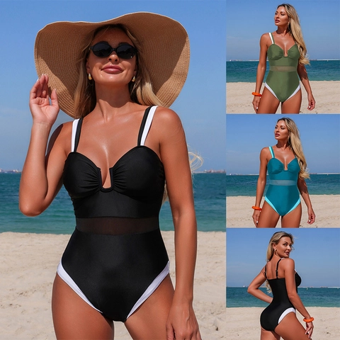 Women One Piece Swimsuit Mesh Patchwork Contrast Piping Quick Dry Sleeveless High Elasticity Vacation Beachwear Nylon