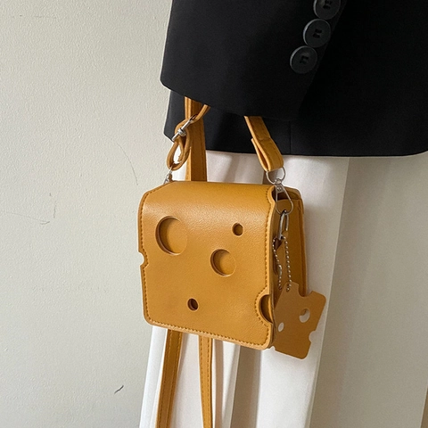 Cheese Shaped Mini Crossbody Bag PU Leather Yellow Cute Hole Design Coin Purse Small Square Pouch