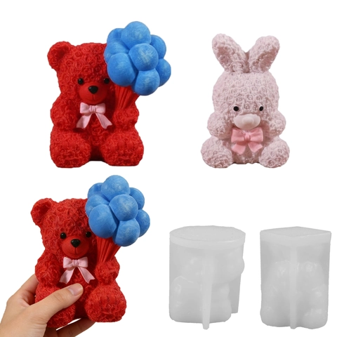 3D Rose Bear With Balloon And Rabbit Silicone Molds DIY Handmade Candle Soap Resin Casting Craft Romantic Valentine Gift Home Decor