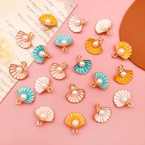 Shell Shaped Enamel Zinc Alloy Charms With Imitation Artificial Pearl DIY Jewelry Making Accessories For Necklaces And Earrings