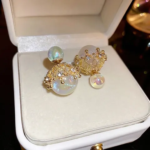 Double Sided Artificial Pearl Stud Earrings With 925 Sterling Silver Earring Post Crown Holographic Rhinestone Elegant For Women