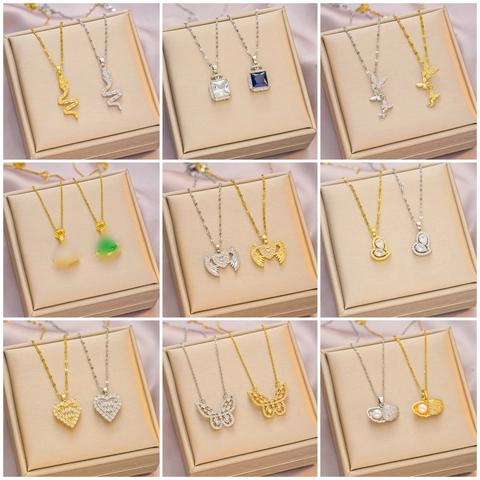 Titanium Steel Zirconia Pendant Necklace For Women Western Style Fashion Jewelry Gold Silver Color Geometric Necklaces