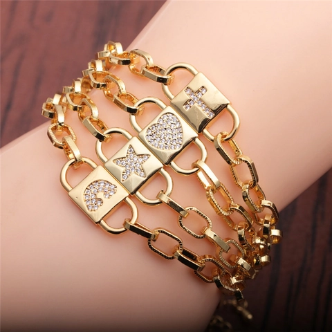 Bracciale Con Ciondoli In Rame Hip Hop Con Croce Luna Cuore Stella Zircone Catena Regolabile Gioielli Per Donna