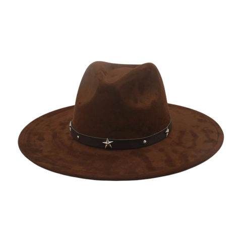 Vintage Faux Suede Wide Brim Fedora Hat With Star Studded Leather Belt Western Cowboy Style Jazz Cap For Women Men