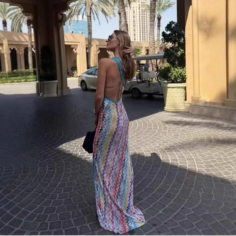 One Shoulder Maxi Dress Colorful Zigzag Print Knit Polyester Bodycon Backless High Slit Vacation Sexy Women Dress