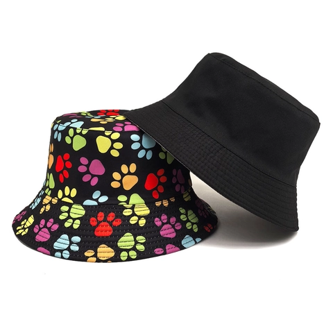 Bucket Hat Bunter Katzenpfoten-Druck Polyester Atmungsaktiv Sonnenschutz Outdoor Wendbar Vintage Für Herren Damen