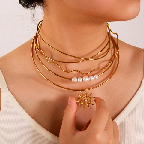 18K Vergoldete Edelstahl Choker Halskette Künstliche Perle Sonne Anhänger Schleife Herz Welle Schmuck Für Damen